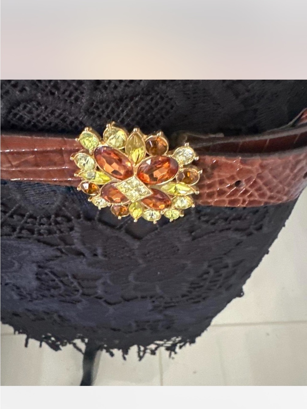 Liz Claiborne Brown Leather Belt with Gold and Amber Jewel Buckle